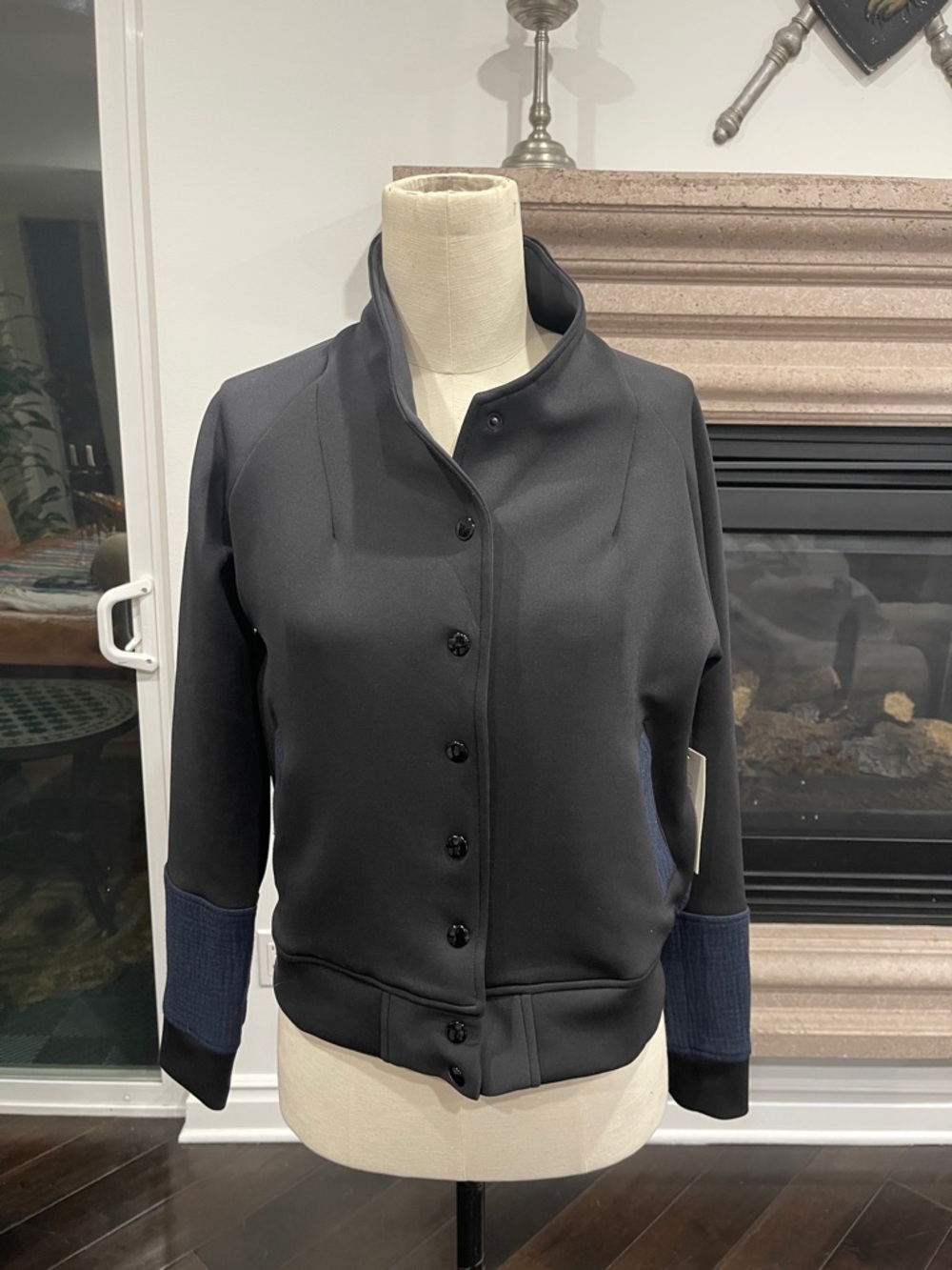 Garbe Luxe- Black XS Button-Front Jacket with Navy Accents.